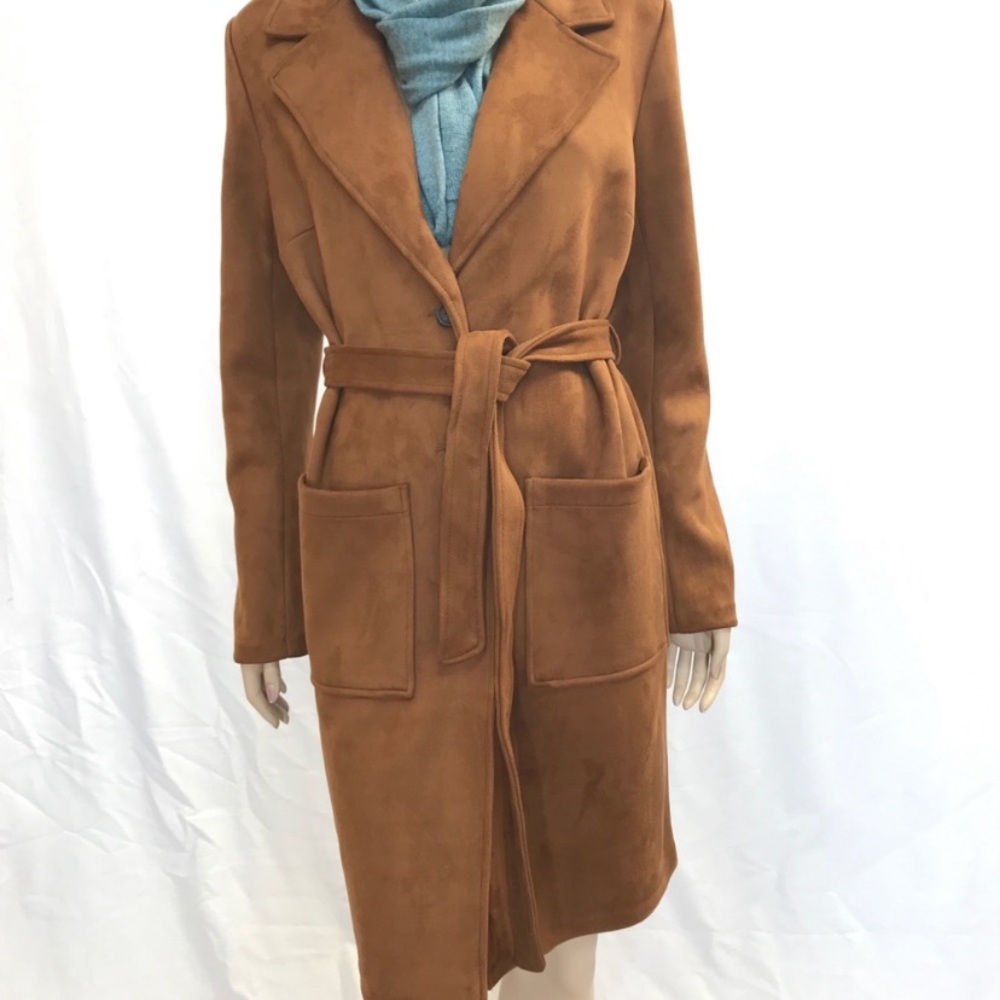 Camel faux suede coat with waist tie.